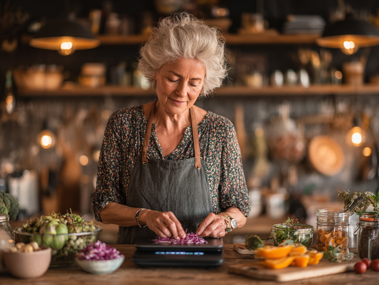 Starší pár pripravujúci zdravé jedlo v kuchyni s úsmevom