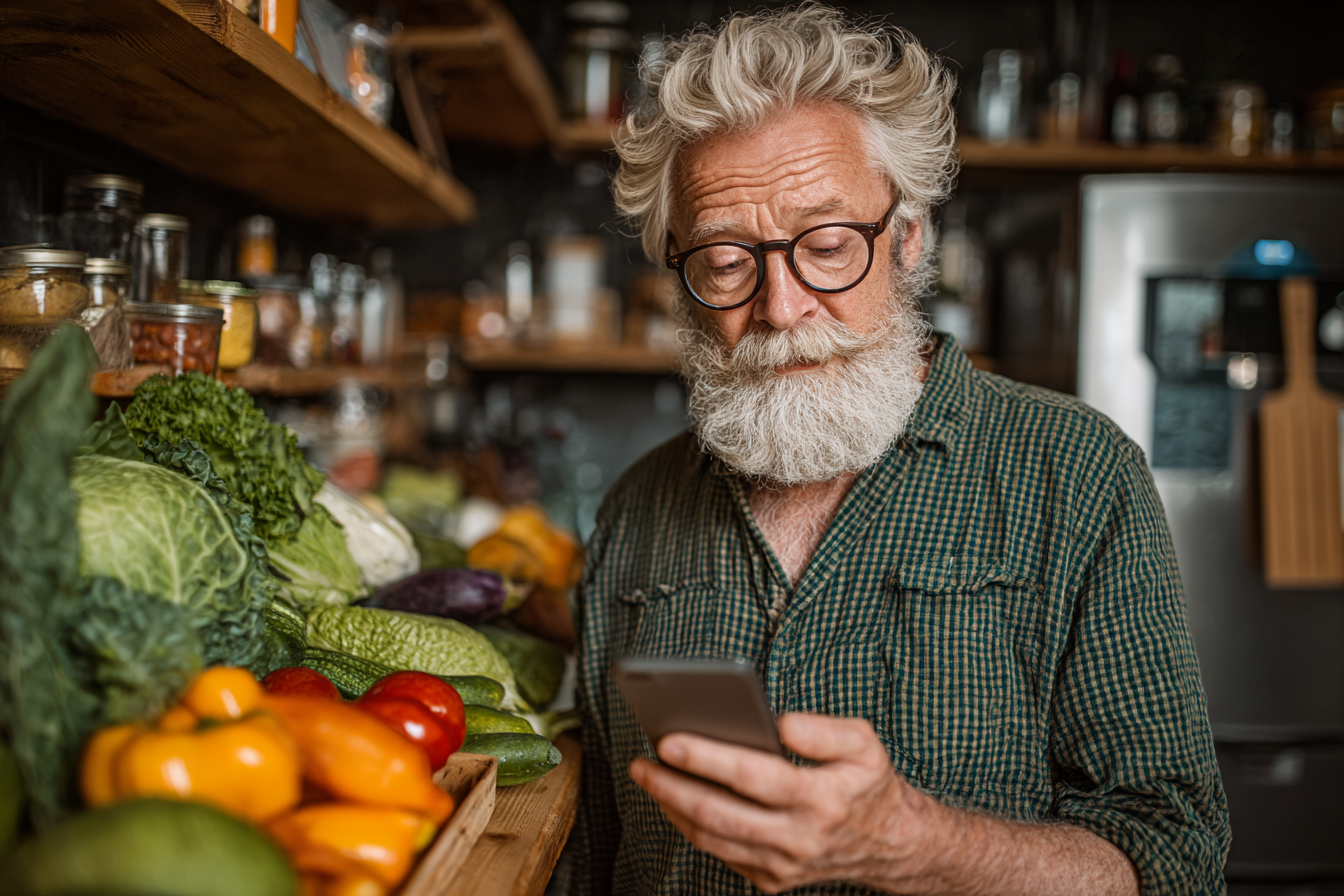 Spokojný senior s čerstvými potravinami